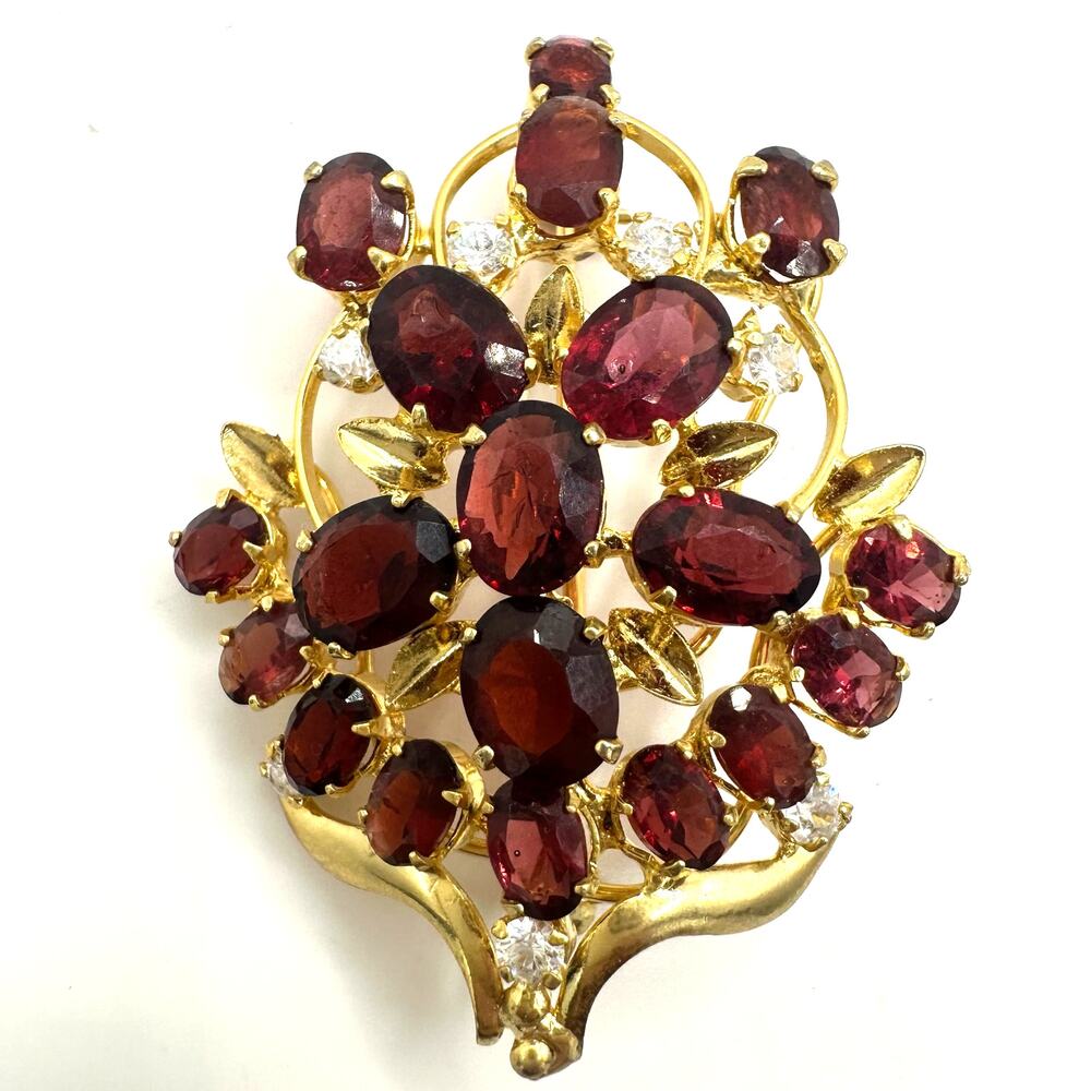 Gold plated real genuine red maroon garnets clear cubic zirconia CZ brooch